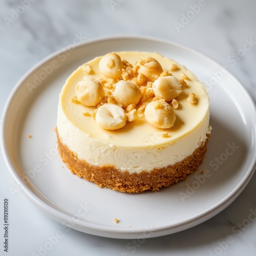 A rich and creamy macadamia nut cheesecake with a golden graham cracker crust, elegantly served on a white plate, Cheesecake centered