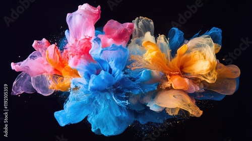 An explosion of vibrant colored powders and smoke captured against a black background.