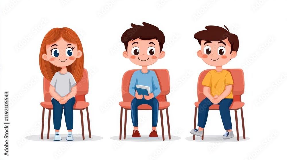 Cartoon of Three Children Sitting on Chairs with Smiling Faces and Different Outfits in Bright Colors Cartoon of Three Children Sitting on Chairs with Smiling Faces and Different Outfits in Bright Colors