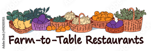 Farm-to-table concept with baskets of fresh vegetables fruits and greens in a colorful arrangement. Perfect for restaurant themes and organic food promotions