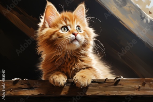 A curious ginger kitten peers upwards from a wooden perch, its soft fur and innocent eyes capturing a moment of wonder.