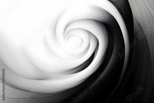 Minimalist black and white swirling lines, creating an intricate, dynamic design with smooth gradients