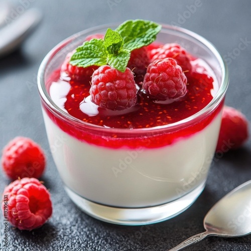 A rich and creamy panna cotta topped with a raspberry coulis and fresh raspberries, served in a clear glass dessert cup, Panna cotta centered