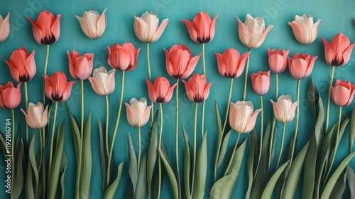 Delicate pink and white tulips bloom in neat rows against a teal backdrop — elegant, stylized floral design perfect for spring themes, invitations, or decorative art.