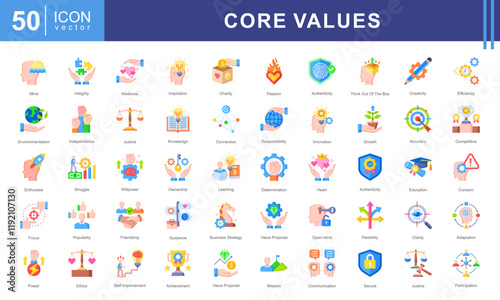 Core Values icon collection set. Containing acceptance, achievement, adaptability, authenticity, autonomy, balance, badness icon.