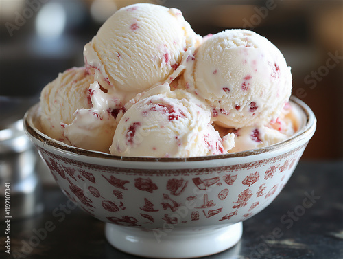 Beautiful bowl with scoops of ice cream. Photo for social networks, article or website.