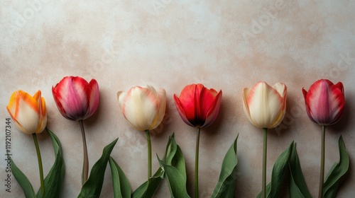 Six vibrant tulips in red, pink, and cream line up against a soft beige background — elegant, minimalist floral arrangement perfect for spring, romance, or greeting card designs.