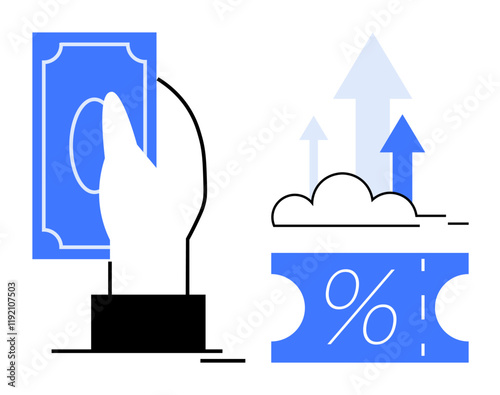 Hand holding money next to a percentage sign and arrows pointing upward. Ideal for finance, investment, savings, business growth, economic analysis, profitability, market trends concepts. Simple