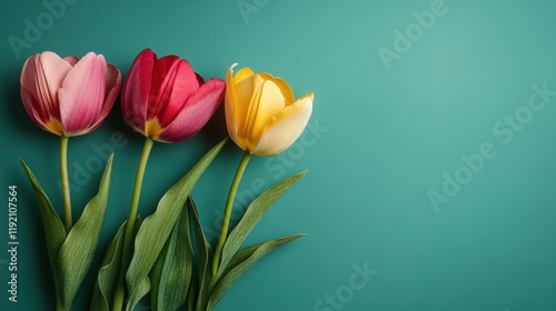 Pink, red, and yellow tulips with green stems on a teal background