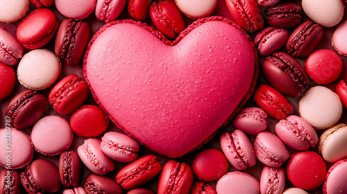 A close-up of red and pink macarons arranged in a heart shape 