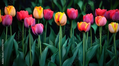 A vibrant row of colorful tulips in shades of red, pink, yellow, and orange blooming in a lush green garden, captured in soft natural light
