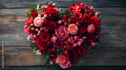 A heart shaped arrangement of various red and pink flowers in a vase  photo