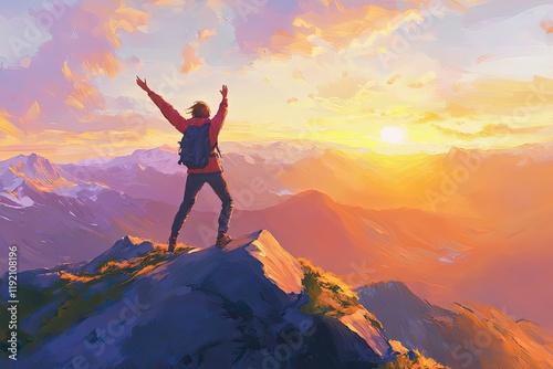 Wallpaper Mural A joyful hiker dancing on a summit as the last rays of sunlight illuminate the landscape. Torontodigital.ca