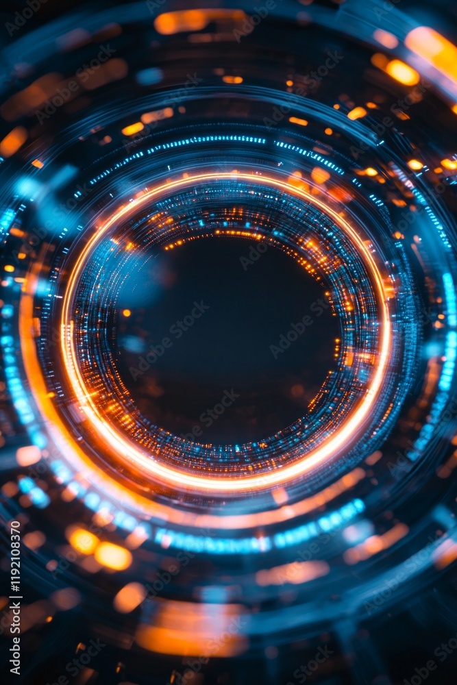 Obraz premium A futuristic closeup of an empty frame surrounded by concentric glowing rings, symbolizing a high-tech interface or virtual reality portal