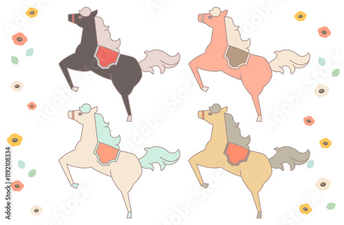 可愛い馬のベクターイラスト素材セット  主線あり 午年 年賀状 