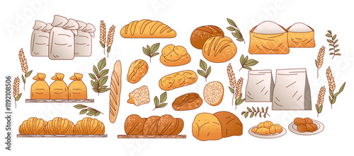 Bread and bakery products assortment with wheat leaves and flour bags. Various breads croissants buns and pastries in warm tones. Ideal for food-themed designs