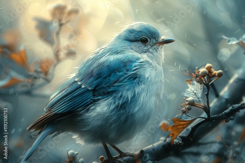 A fluffy blue bird perches on a branch, seeking shelter from the falling rain.