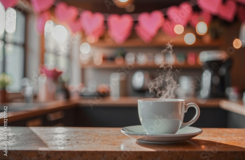 the interior of a coffee shop with an interior in the trendy mocha mousse color, decorated with a large number of small pink hearts, for Valentine's Day.