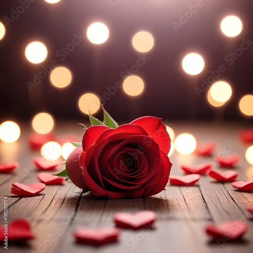 A beautiful red rose blossom on a rustic wooden table evokes romance and natural beauty Generative AI