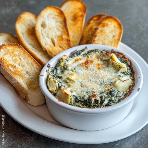 A rich and creamy spinach and artichoke dip with toasted baguette slices, served on a white plate, Spinach dip centered