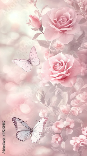 The image features a soft, pastel-colored background with pink roses and buds