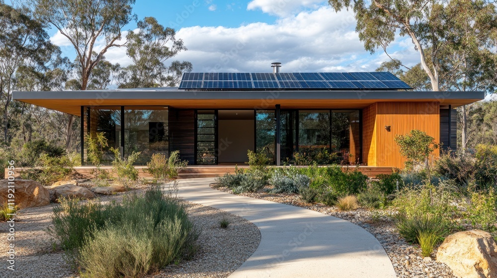 Fototapeta premium Sustainable Modern House Design: Eco-Friendly Home in Wooded Landscape