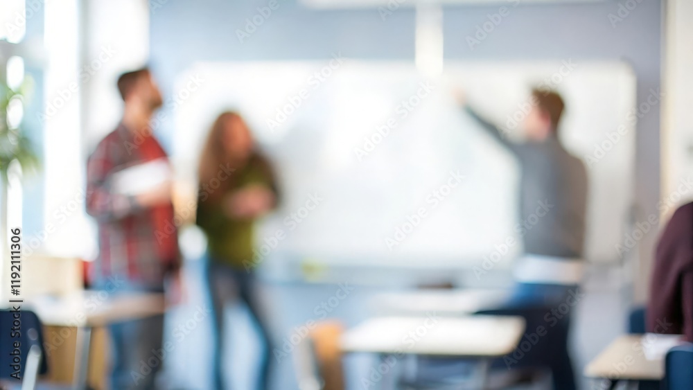 Discussion on Presentation Slides – A blurred image of students discussing points on a projected slide in a classroom.
Discussion on Presentation Slides – A blurred image of students discussing points on a projected slide in a classroom.