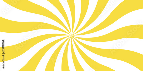 Abstract background with rays retro starburst. Yellow and white twisted swirl. Spiral radial striped backdrop design. Ray stripes Funky ray elements, circle motifs, reminiscent of circus themes.   