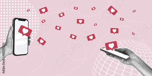 A trendy halftone collage. Concept of online communication, congratulating each other, mutual sympathy. Hands holding a modern phone, social media icon in the form of a heart. Trendy retro collage