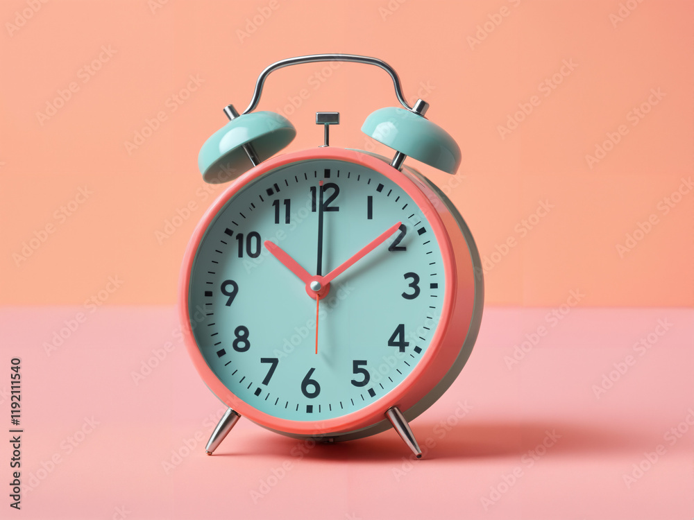 A charming pastel alarm clock stands ready to wake the day A charming pastel alarm clock stands ready to wake the day