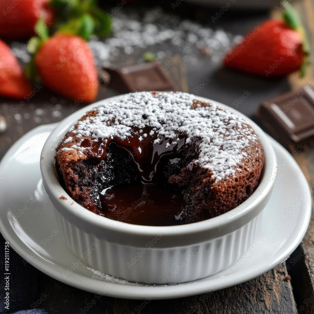 A rich and indulgent chocolate lava cake with a molten center and a dusting of powdered sugar, served in a white ramekin, Lava cake centered A rich and indulgent chocolate lava cake with a molten center and a dusting of powdered sugar, served in a white ramekin, Lava cake centered