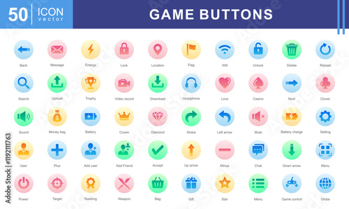 Game Buttons Theme Icon Set. A dynamic collection of icons featuring start, menu, user, reload, and message. Perfect for gaming apps, interfaces, and digital game design projects.