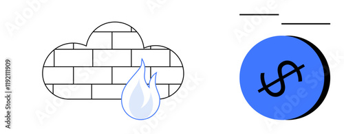 Cloud firewall signifying protection with a flame icon on cloud, and a blue dollar symbol with prohibition marks. Ideal for cybersecurity, data protection, finance, prevention, security measures