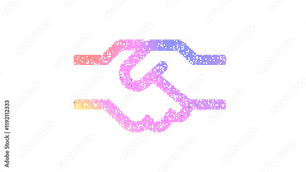 Icon handshake is made up of LED square shapes. There are bright diodes and there are black dead diodes Icon handshake is made up of LED square shapes. There are bright diodes and there are black dead diodes