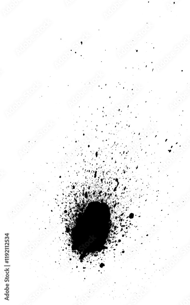 Black ink blot with radial spray pattern and scattered texture design Black ink blot with radial spray pattern and scattered texture design