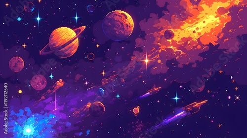 Space-themed pixel art of a galaxy with stars, planets, and cosmic elements, perfect for a side-scrolling game. photo