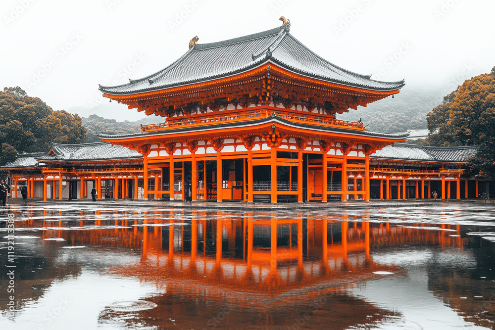 Fototapeta premium A traditional Asian temple with vibrant orange architecture, reflecting beautifully in a serene water body, surrounded by lush nature and misty mountains.
