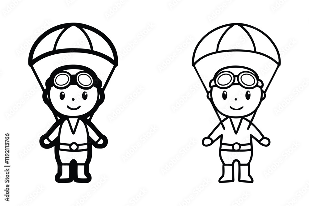 Cute parachute pilot boy with goggles, outlined and colored designs for childrens coloring books and creative learning activities Cute parachute pilot boy with goggles, outlined and colored designs for childrens coloring books and creative learning activities