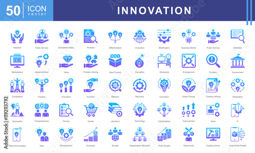 Innovation icon collection set. Containing implementation, idea, profit growth, service, value, definition, improvement icon.