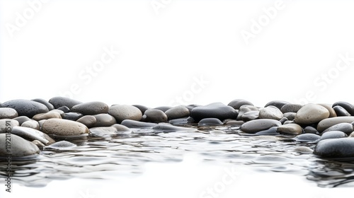 Shallow riverbed with smooth pebbles isolated on white background for earthy accents photo