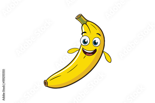 Cute cartoon banana character with a happy smiling face and playful design, perfect for childrens illustrations and fun educational materials