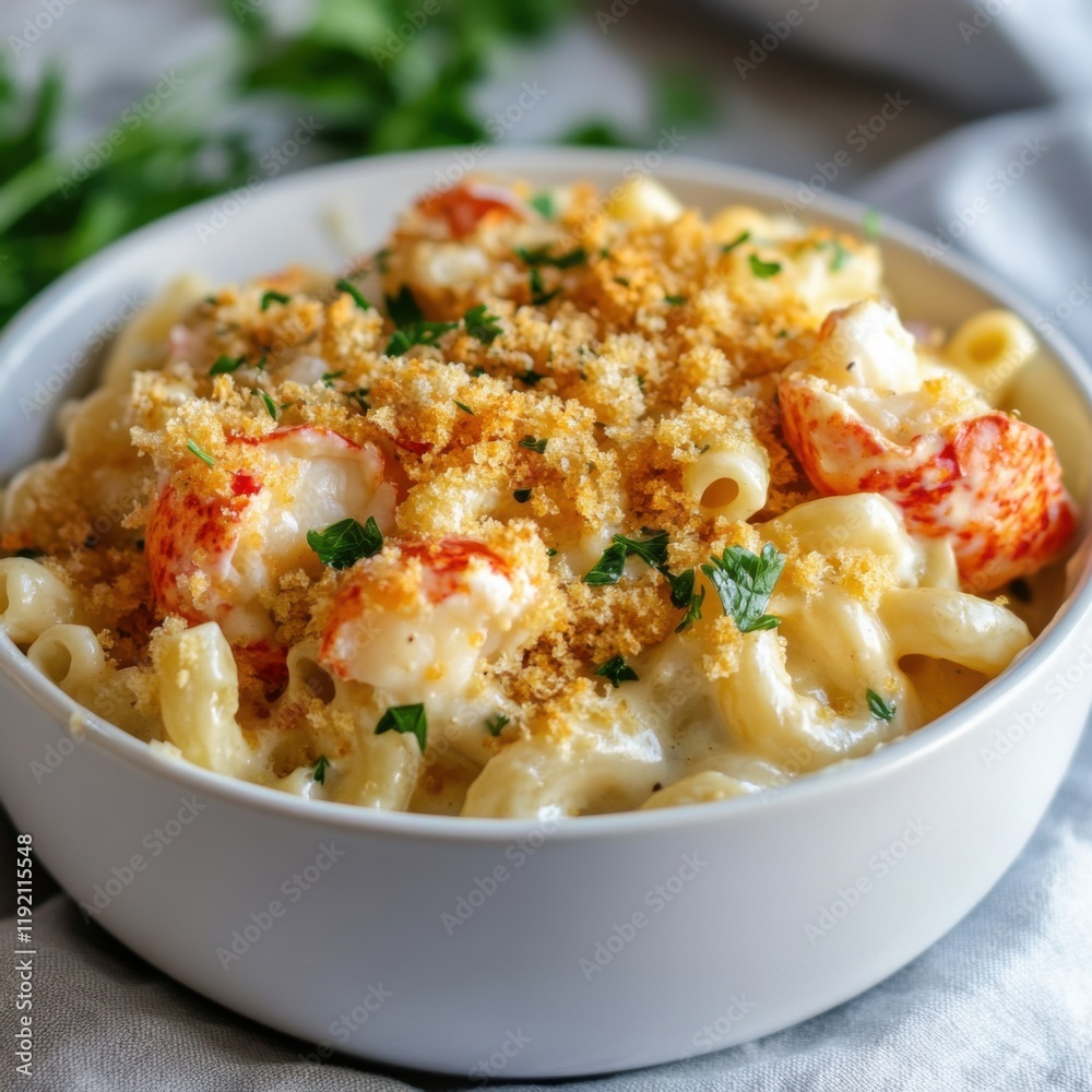 A savory and creamy lobster mac and cheese with a golden breadcrumb topping, elegantly served in a white bowl, Lobster mac and cheese centered A savory and creamy lobster mac and cheese with a golden breadcrumb topping, elegantly served in a white bowl, Lobster mac and cheese centered