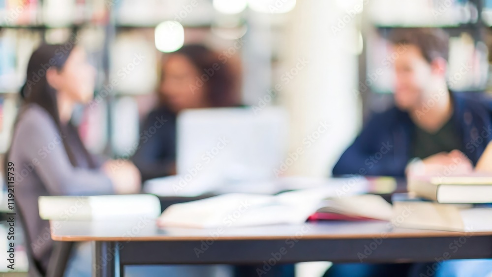 Library Group Discussion – A blurred background of students seated around a table discussing in a library.
Library Group Discussion – A blurred background of students seated around a table discussing in a library.