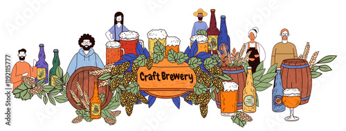 Craft brewery concept with diverse people hops barrels and beer bottles in a colorful arrangement showcasing brewing culture. Suitable for banners or websites