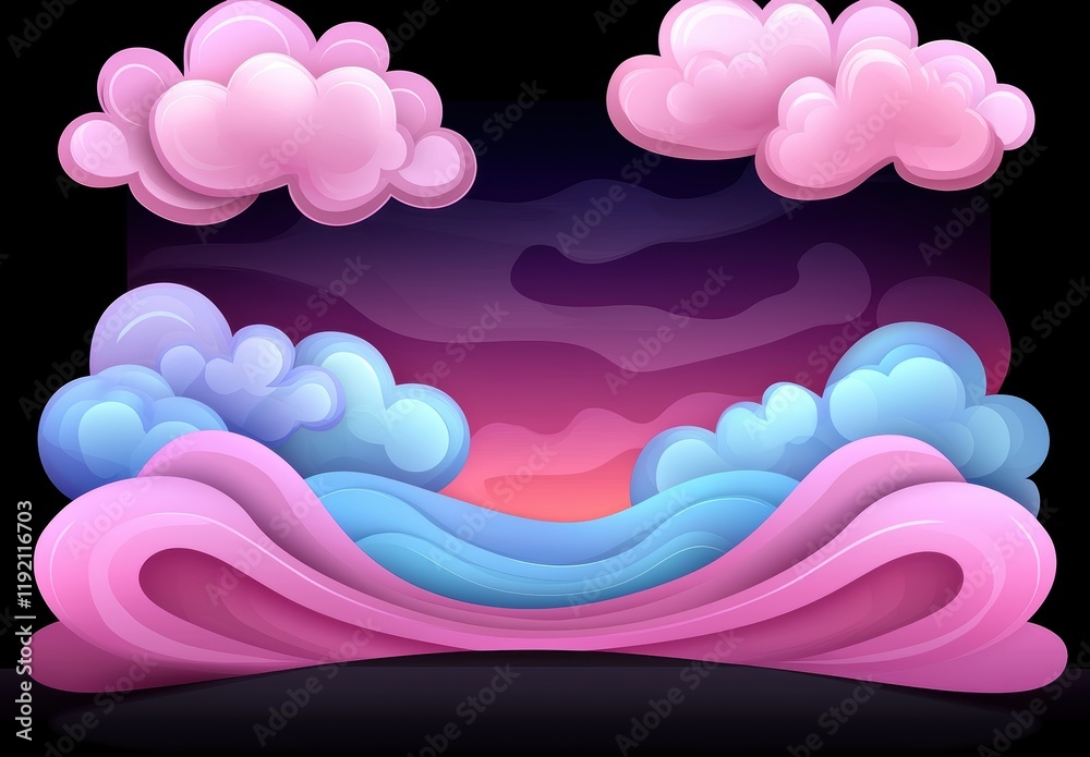 Pink and blue cartoon clouds and waves background