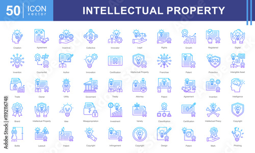 Intellectual Property icon collection set. Containing human intelligence, innovation, creation, idea, ip, legal, invention, certification, patent icon.