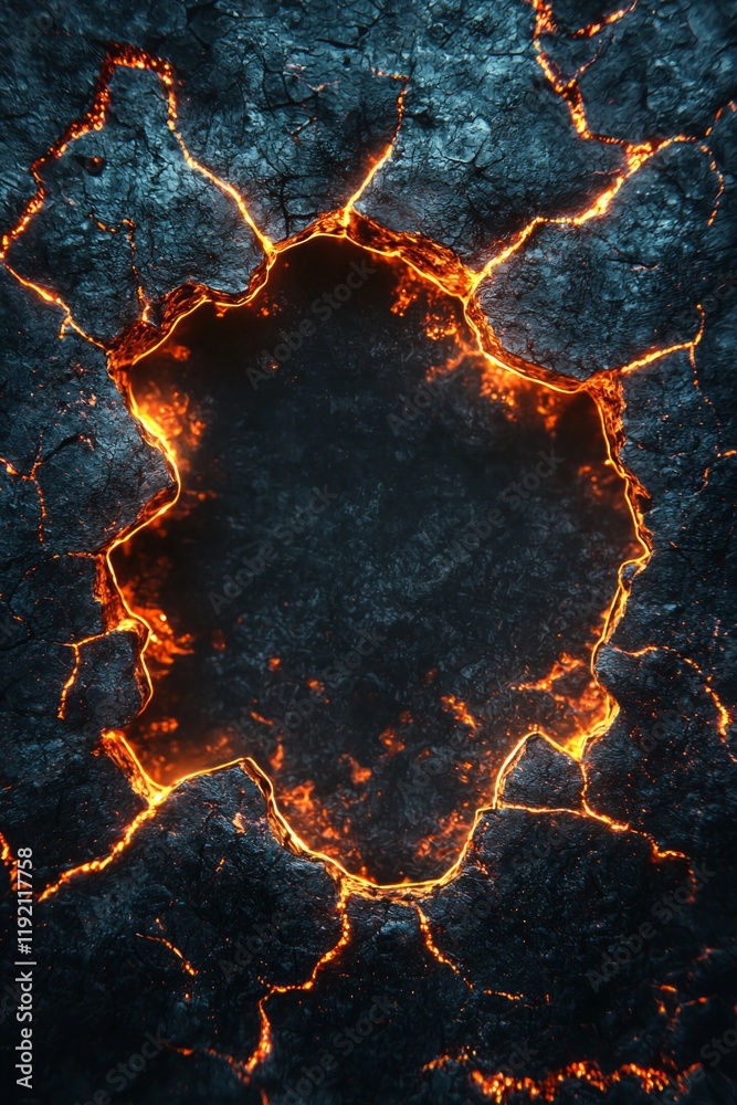 An irregularly shaped frame, with its surface crackling with energy-like glowing veins of light in a dark void An irregularly shaped frame, with its surface crackling with energy-like glowing veins of light in a dark void