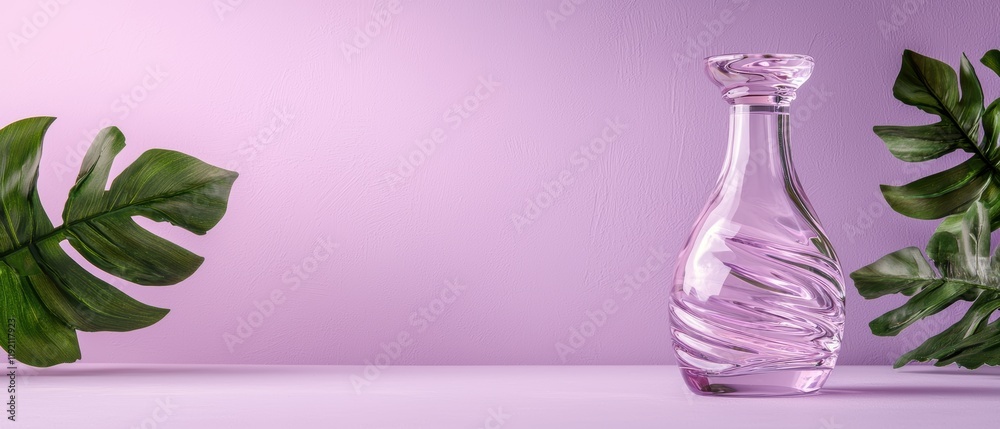 Pink glass decanter with monstera leaves on purple background Pink glass decanter with monstera leaves on purple background