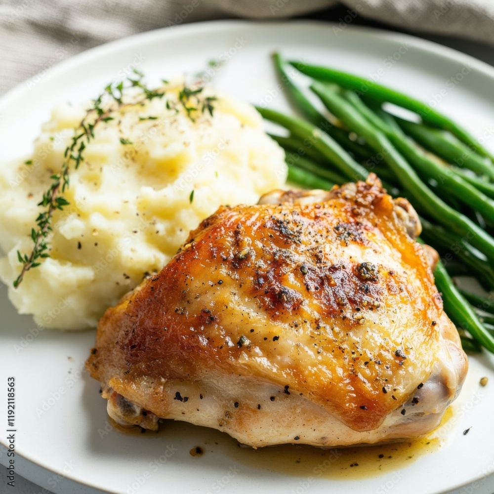 A savory and crispy roasted chicken thigh with a side of garlic mashed potatoes and green beans, served on a white plate, Roasted chicken thigh centered A savory and crispy roasted chicken thigh with a side of garlic mashed potatoes and green beans, served on a white plate, Roasted chicken thigh centered