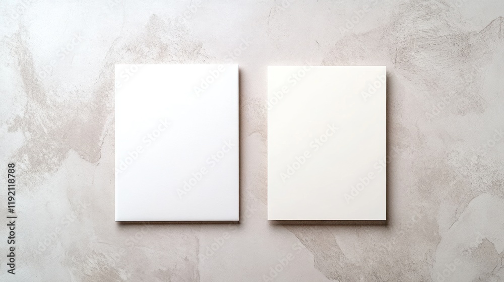 Minimalist White Business Card Mockups on Grey Concrete Background - Top View Flat Lay
